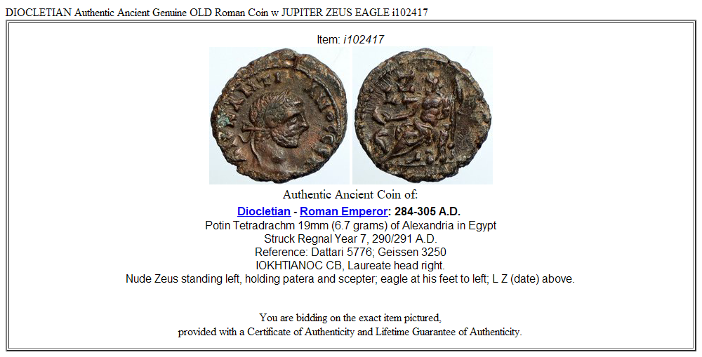 DIOCLETIAN Authentic Ancient Genuine OLD Roman Coin w JUPITER ZEUS EAGLE i102417