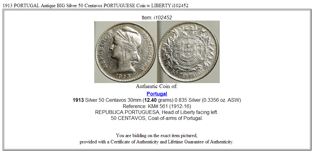 1913 PORTUGAL Antique BIG Silver 50 Centavos PORTUGUESE Coin w LIBERTY i102452