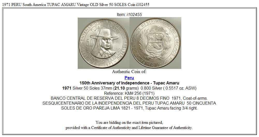 1971 PERU South America TUPAC AMARU Vintage OLD Silver 50 SOLES Coin i102455