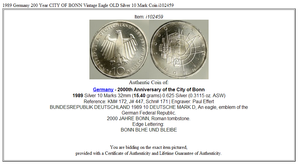 1989 Germany 200 Year CITY OF BONN Vintage Eagle OLD Silver 10 Mark Coin i102459