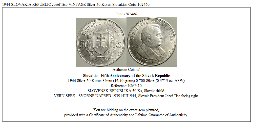 1944 SLOVAKIA REPUBLIC Jozef Tiso VINTAGE Silver 50 Korun Slovakian Coin i102460