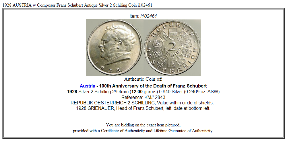 1928 AUSTRIA w Composer Franz Schubert Antique Silver 2 Schilling Coin i102461