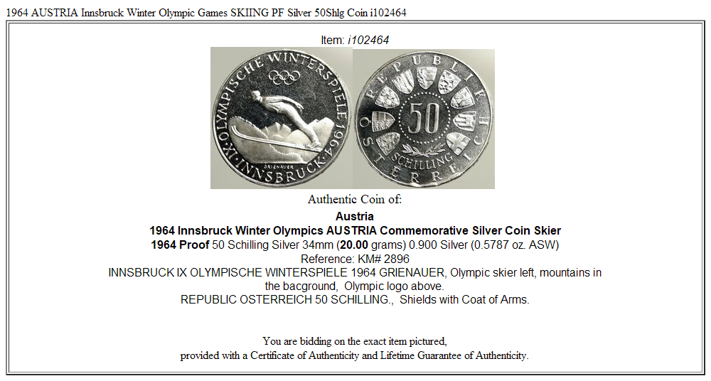 1964 AUSTRIA Innsbruck Winter Olympic Games SKIING PF Silver 50Shlg Coin i102464