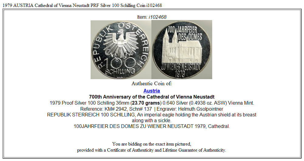 1979 AUSTRIA Cathedral of Vienna Neustadt PRF Silver 100 Schilling Coin i102468