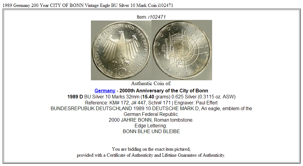 1989 Germany 200 Year CITY OF BONN Vintage Eagle BU Silver 10 Mark Coin i102471