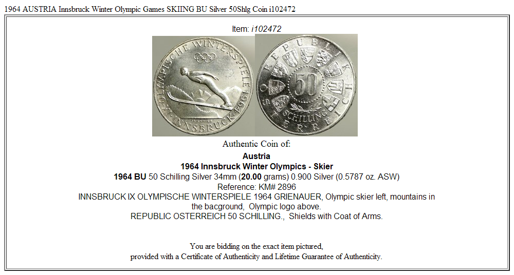 1964 AUSTRIA Innsbruck Winter Olympic Games SKIING BU Silver 50Shlg Coin i102472