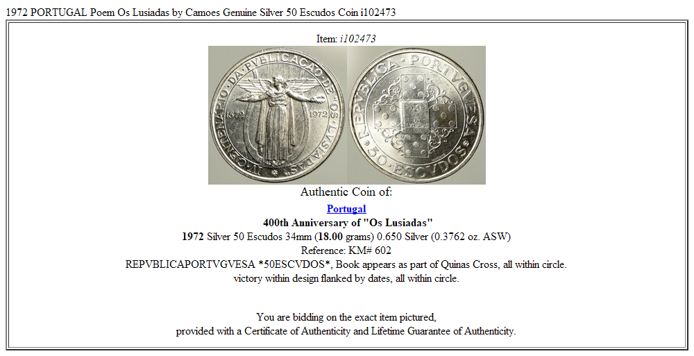 1972 PORTUGAL Poem Os Lusiadas by Camoes Genuine Silver 50 Escudos Coin i102473