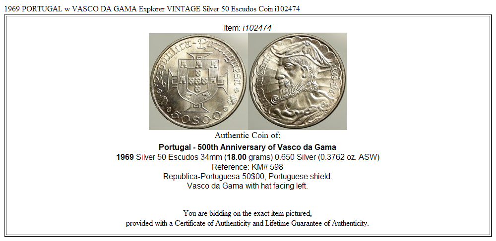 1969 PORTUGAL w VASCO DA GAMA Explorer VINTAGE Silver 50 Escudos Coin i102474