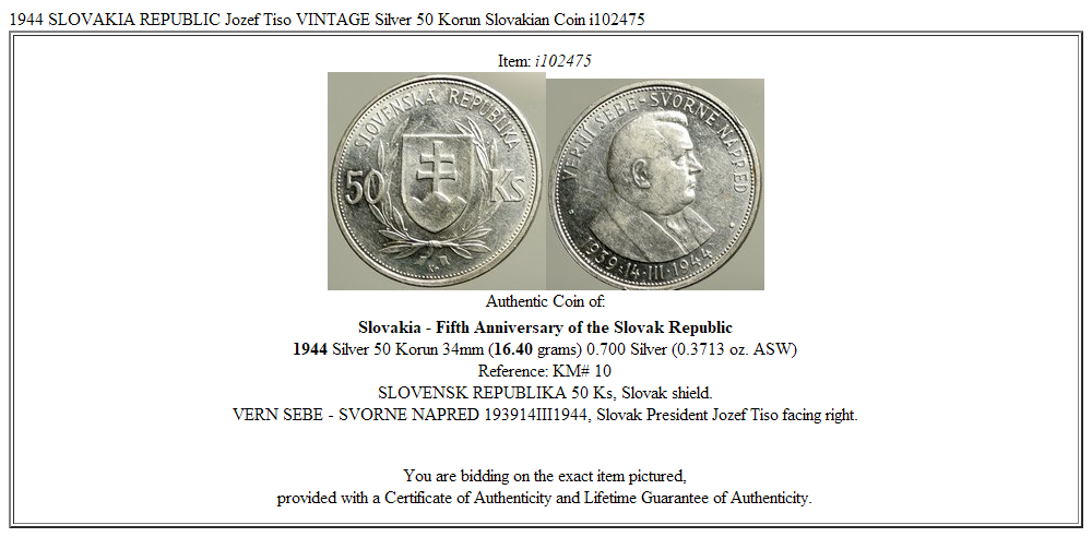 1944 SLOVAKIA REPUBLIC Jozef Tiso VINTAGE Silver 50 Korun Slovakian Coin i102475