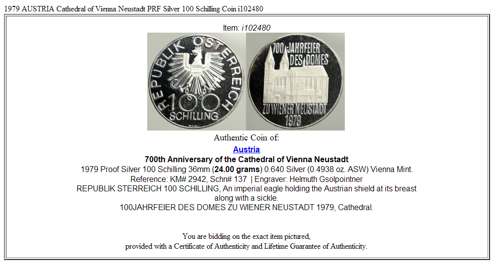 1979 AUSTRIA Cathedral of Vienna Neustadt PRF Silver 100 Schilling Coin i102480