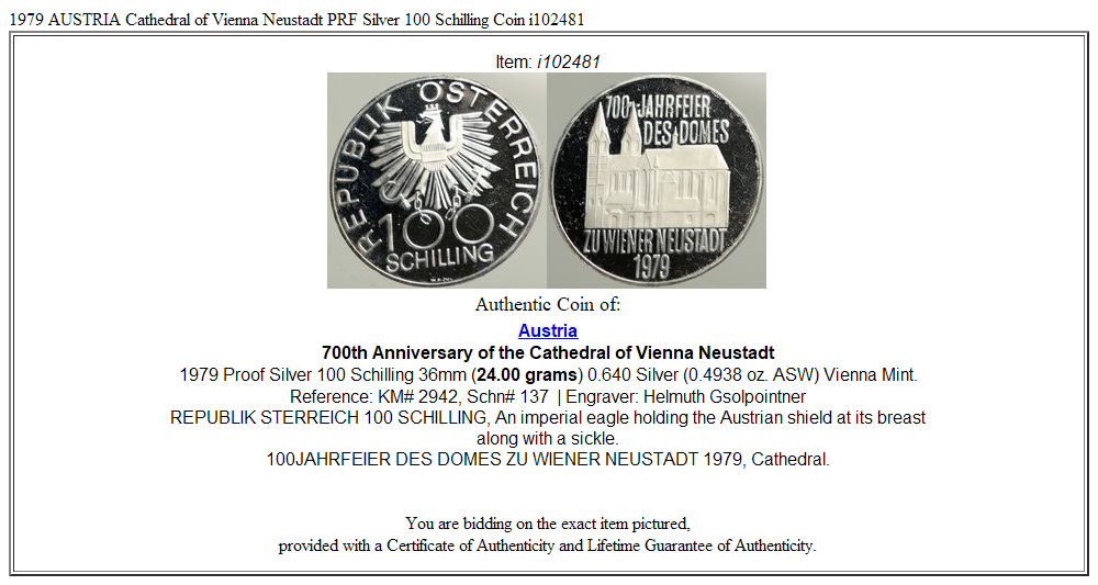 1979 AUSTRIA Cathedral of Vienna Neustadt PRF Silver 100 Schilling Coin i102481