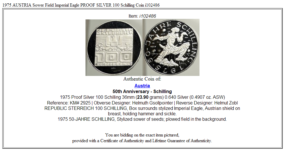 1975 AUSTRIA Sower Field Imperial Eagle PROOF SILVER 100 Schilling Coin i102486