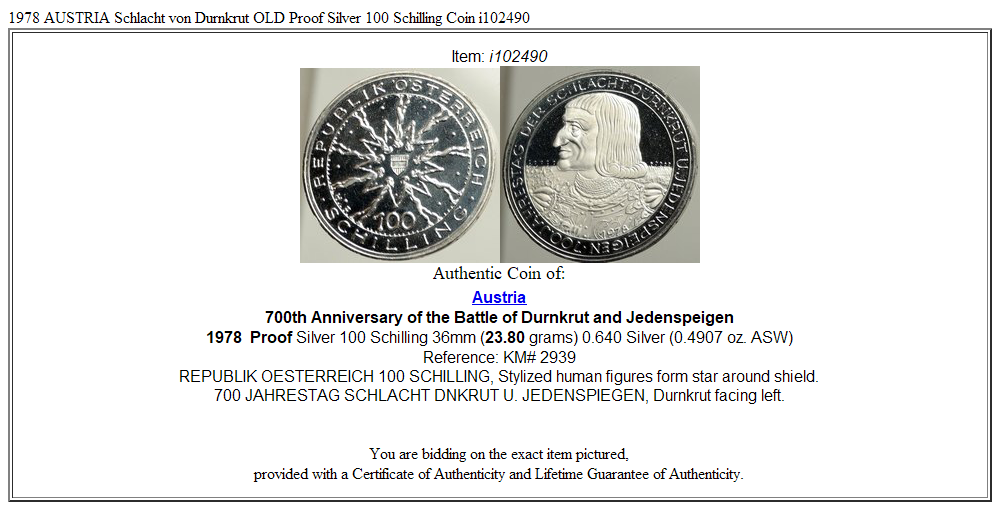 1978 AUSTRIA Schlacht von Durnkrut OLD Proof Silver 100 Schilling Coin i102490