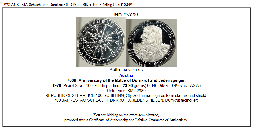 1978 AUSTRIA Schlacht von Durnkrut OLD Proof Silver 100 Schilling Coin i102491