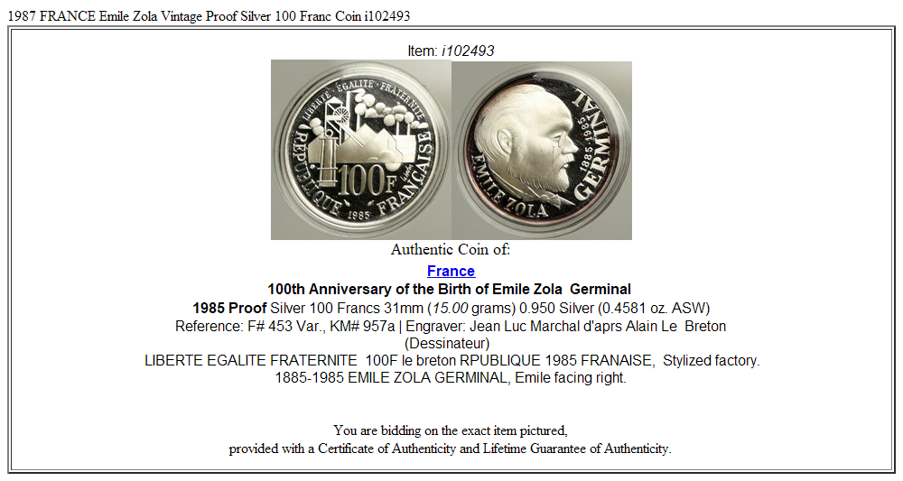 1987 FRANCE Emile Zola Vintage Proof Silver 100 Franc Coin i102493