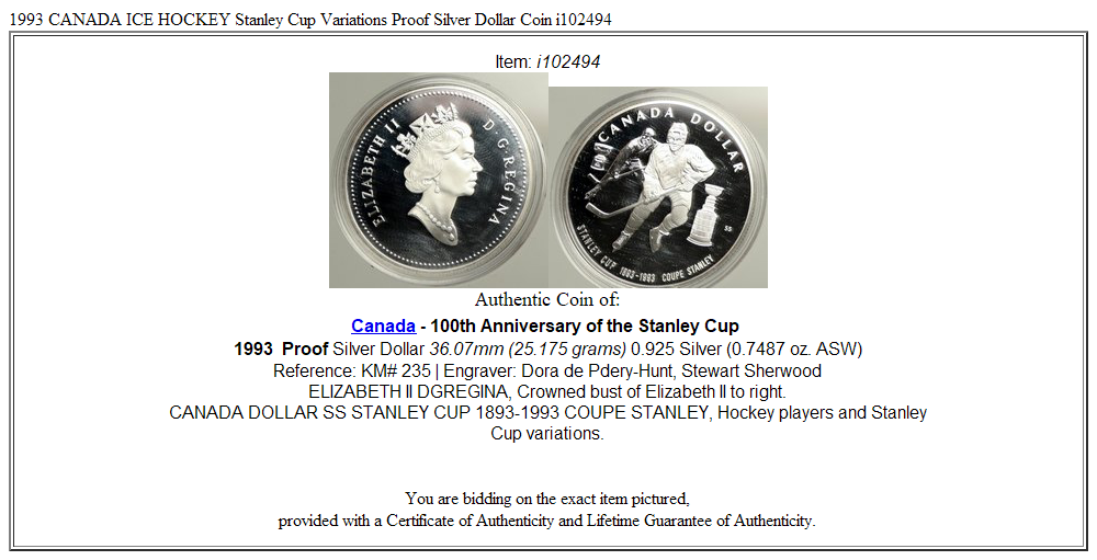 1993 CANADA ICE HOCKEY Stanley Cup Variations Proof Silver Dollar Coin i102494