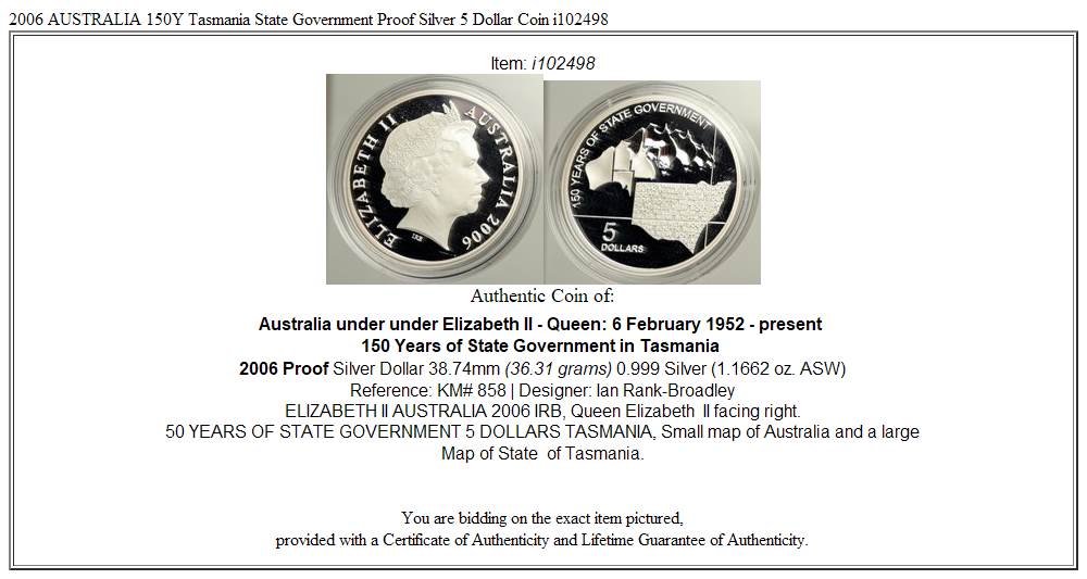 2006 AUSTRALIA 150Y Tasmania State Government Proof Silver 5 Dollar Coin i102498