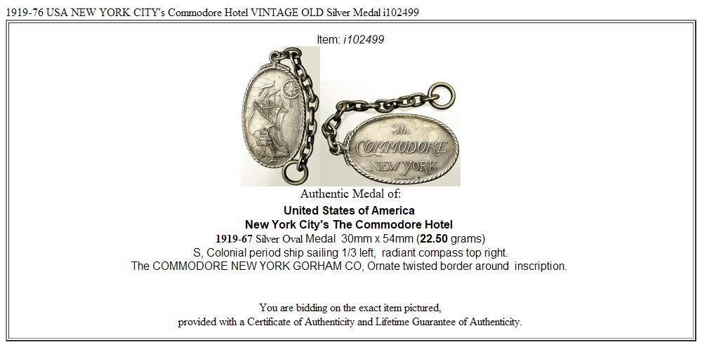 1919-76 USA NEW YORK CITY's Commodore Hotel VINTAGE OLD Silver Medal i102499