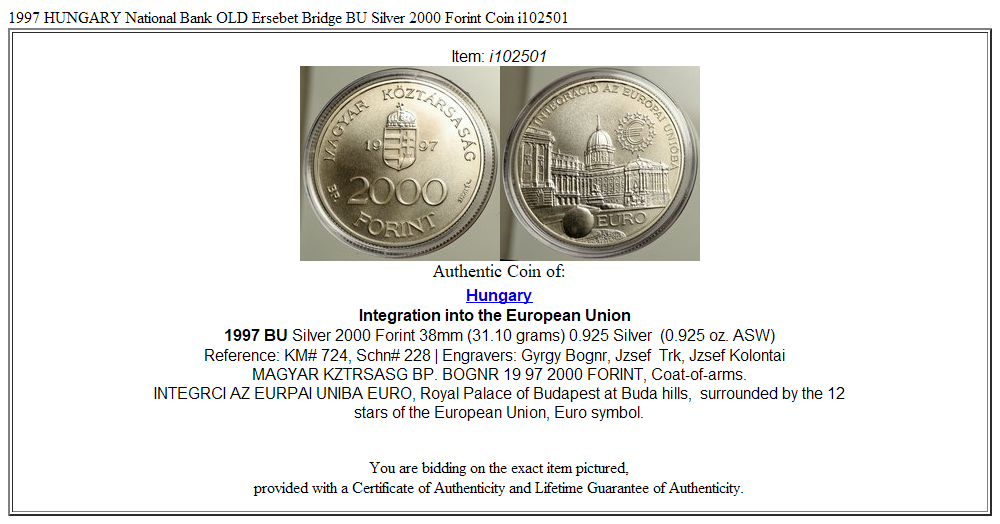 1997 HUNGARY National Bank OLD Ersebet Bridge BU Silver 2000 Forint Coin i102501