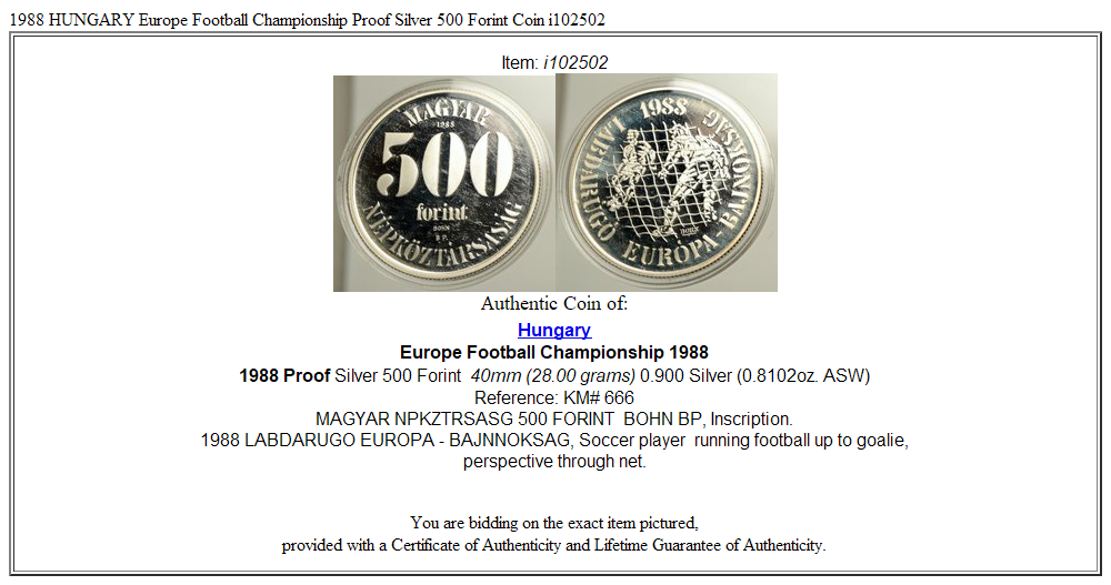 1988 HUNGARY Europe Football Championship Proof Silver 500 Forint Coin i102502