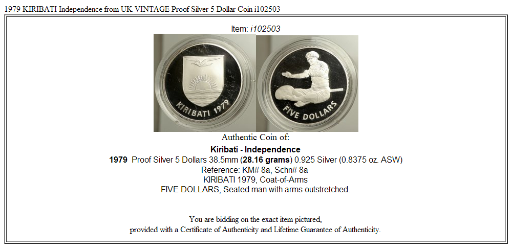 1979 KIRIBATI Independence from UK VINTAGE Proof Silver 5 Dollar Coin i102503