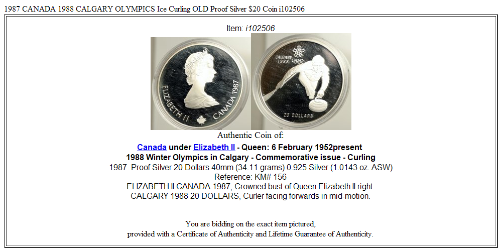 1987 CANADA 1988 CALGARY OLYMPICS Ice Curling OLD Proof Silver $20 Coin i102506