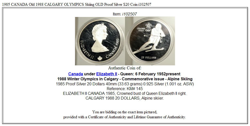 1985 CANADA Old 1988 CALGARY OLYMPICS Skiing OLD Proof Silver $20 Coin i102507