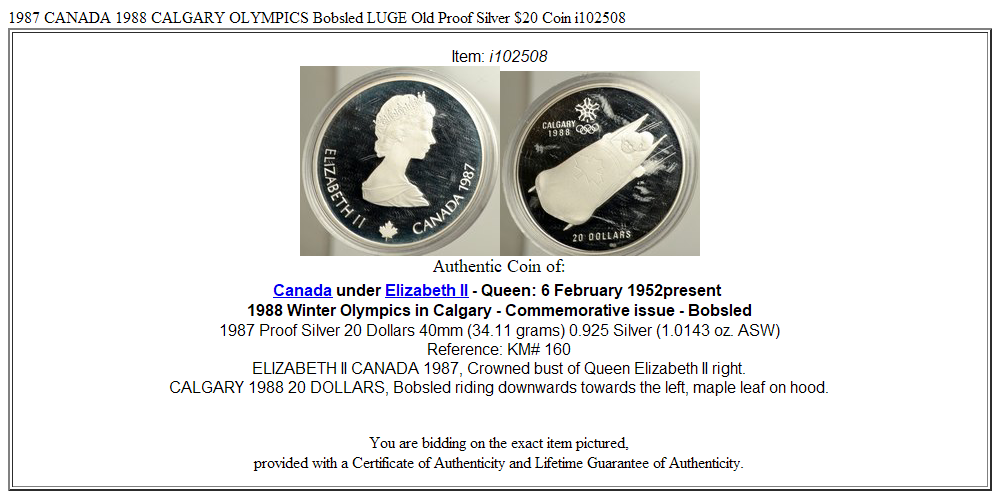 1987 CANADA 1988 CALGARY OLYMPICS Bobsled LUGE Old Proof Silver $20 Coin i102508