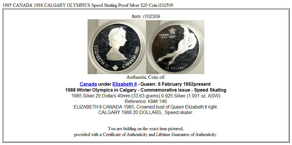 1985 CANADA 1988 CALGARY OLYMPICS Speed Skating Proof Silver $20 Coin i102509