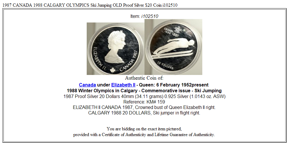 1987 CANADA 1988 CALGARY OLYMPICS Ski Jumping OLD Proof Silver $20 Coin i102510