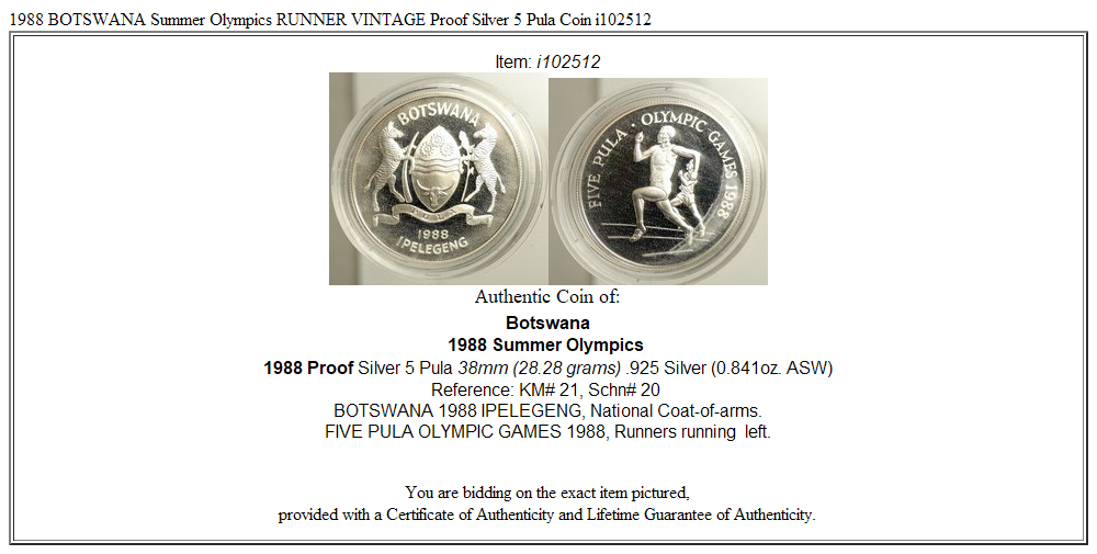 1988 BOTSWANA Summer Olympics RUNNER VINTAGE Proof Silver 5 Pula Coin i102512