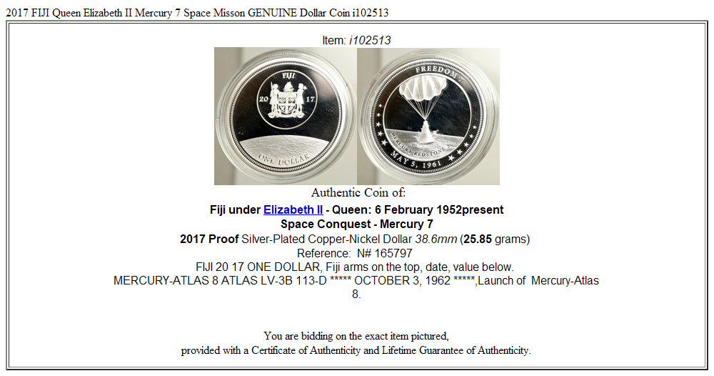 2017 FIJI Queen Elizabeth II Mercury 7 Space Misson GENUINE Dollar Coin i102513