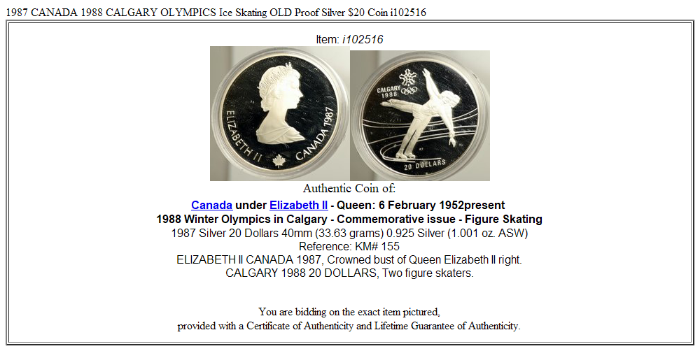 1987 CANADA 1988 CALGARY OLYMPICS Ice Skating OLD Proof Silver $20 Coin i102516