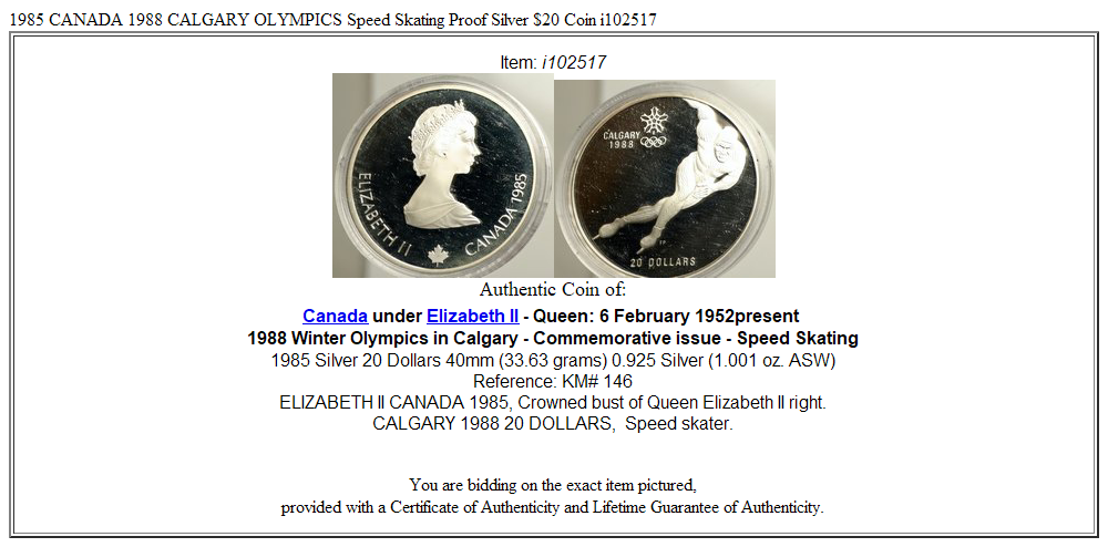 1985 CANADA 1988 CALGARY OLYMPICS Speed Skating Proof Silver $20 Coin i102517