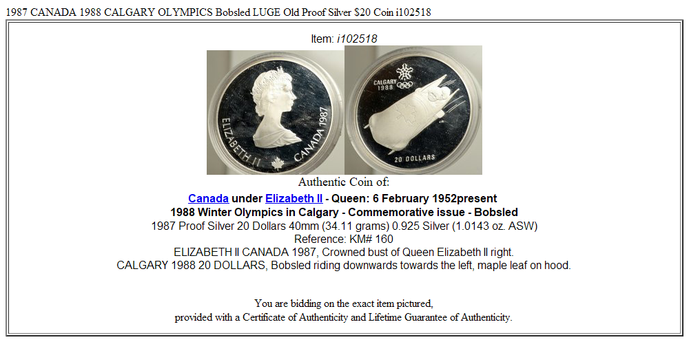 1987 CANADA 1988 CALGARY OLYMPICS Bobsled LUGE Old Proof Silver $20 Coin i102518