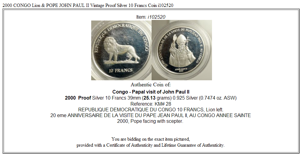 2000 CONGO Lion & POPE JOHN PAUL II Vintage Proof Silver 10 Francs Coin i102520