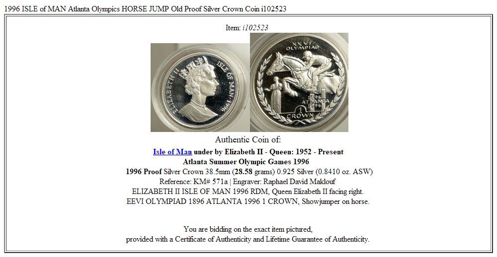 1996 ISLE of MAN Atlanta Olympics HORSE JUMP Old Proof Silver Crown Coin i102523