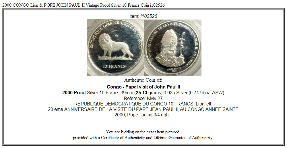 2000 CONGO Lion & POPE JOHN PAUL II Vintage Proof Silver 10 Francs Coin i102526