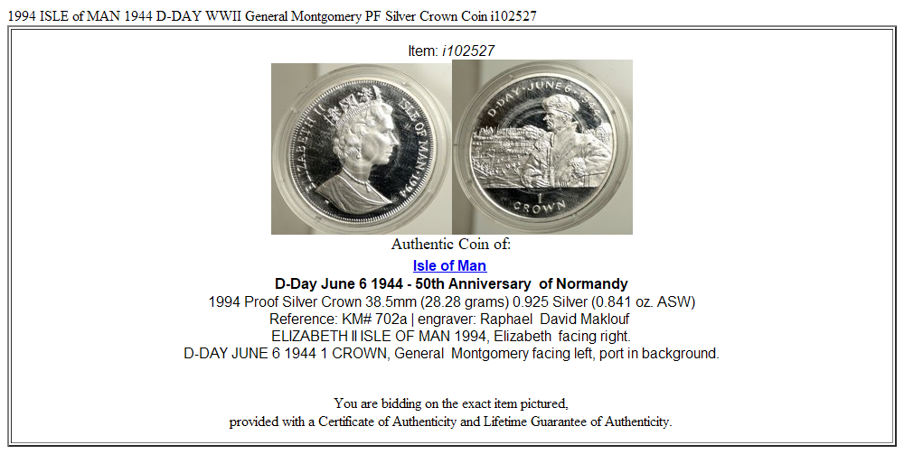 1994 ISLE of MAN 1944 D-DAY WWII General Montgomery PF Silver Crown Coin i102527