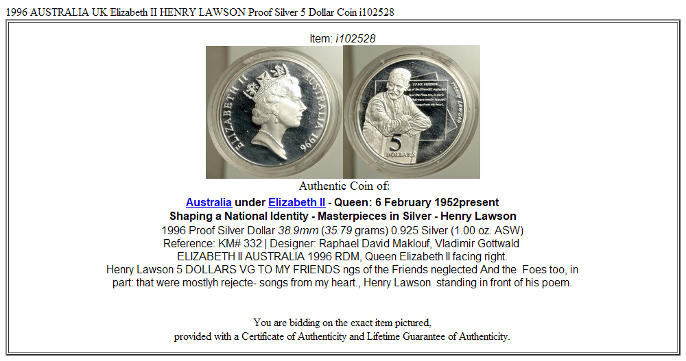 1996 AUSTRALIA UK Elizabeth II HENRY LAWSON Proof Silver 5 Dollar Coin i102528