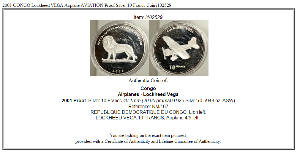 2001 CONGO Lockheed VEGA Airplane AVIATION Proof Silver 10 Francs Coin i102529