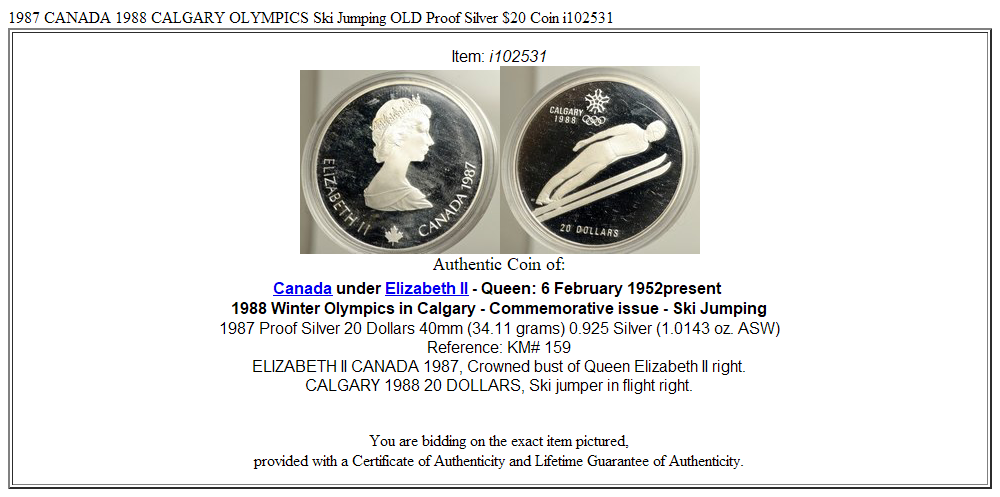 1987 CANADA 1988 CALGARY OLYMPICS Ski Jumping OLD Proof Silver $20 Coin i102531