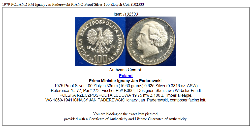 1979 POLAND PM Ignacy Jan Paderewski PIANO Proof Silver 100 Zlotych Coin i102533