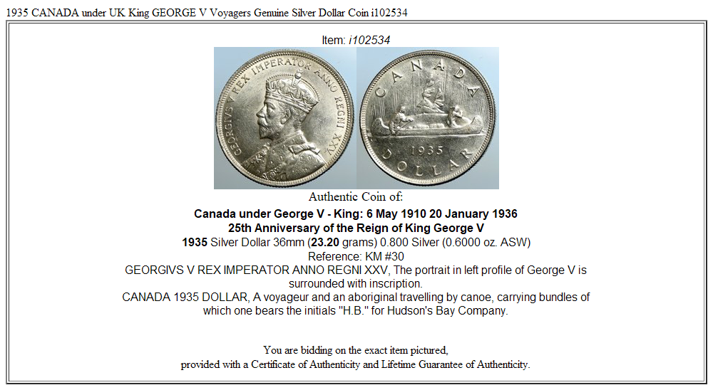 1935 CANADA under UK King GEORGE V Voyagers Genuine Silver Dollar Coin i102534