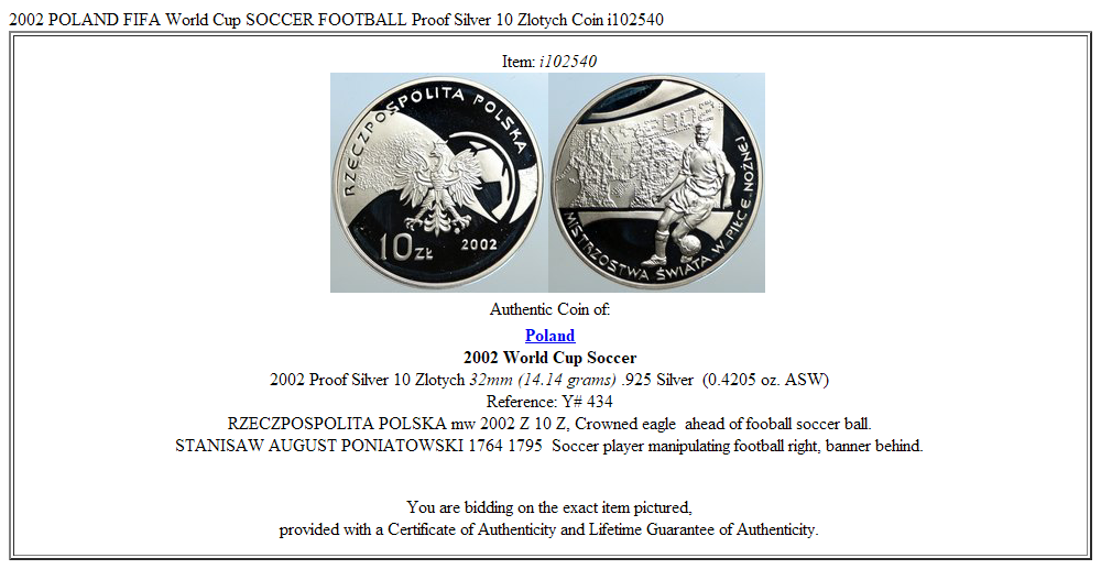 2002 POLAND FIFA World Cup SOCCER FOOTBALL Proof Silver 10 Zlotych Coin i102540