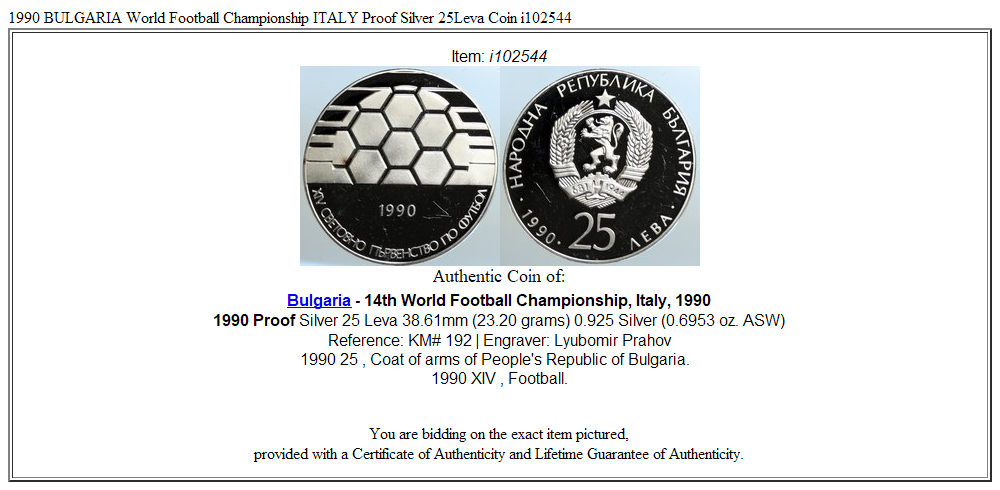1990 BULGARIA World Football Championship ITALY Proof Silver 25Leva Coin i102544