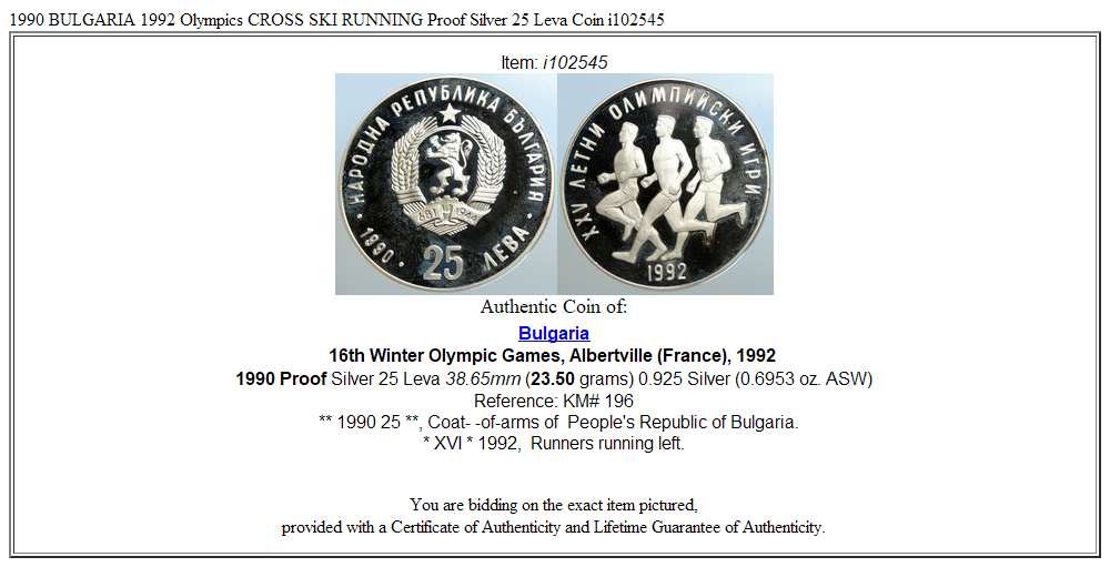 1990 BULGARIA 1992 Olympics CROSS SKI RUNNING Proof Silver 25 Leva Coin i102545