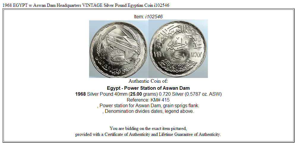 1968 EGYPT w Aswan Dam Headquarters VINTAGE Silver Pound Egyptian Coin i102546