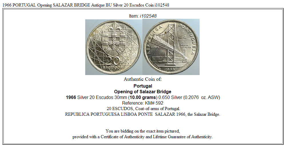 1966 PORTUGAL Opening SALAZAR BRIDGE Antique BU Silver 20 Escudos Coin i102548