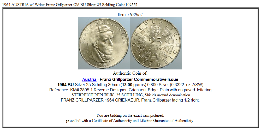 1964 AUSTRIA w/ Writer Franz Grillparzer Old BU Silver 25 Schilling Coin i102551